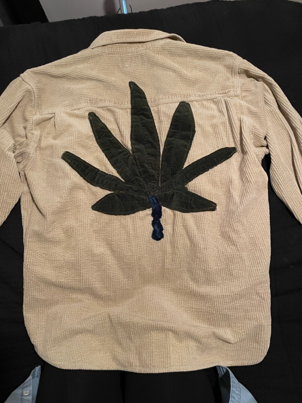 Corduroy Button-Down Shirt with Green Leaf Appliqué